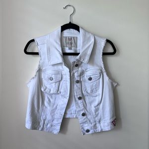 GUESS White Cropped Denim Vest Distressed Size Large